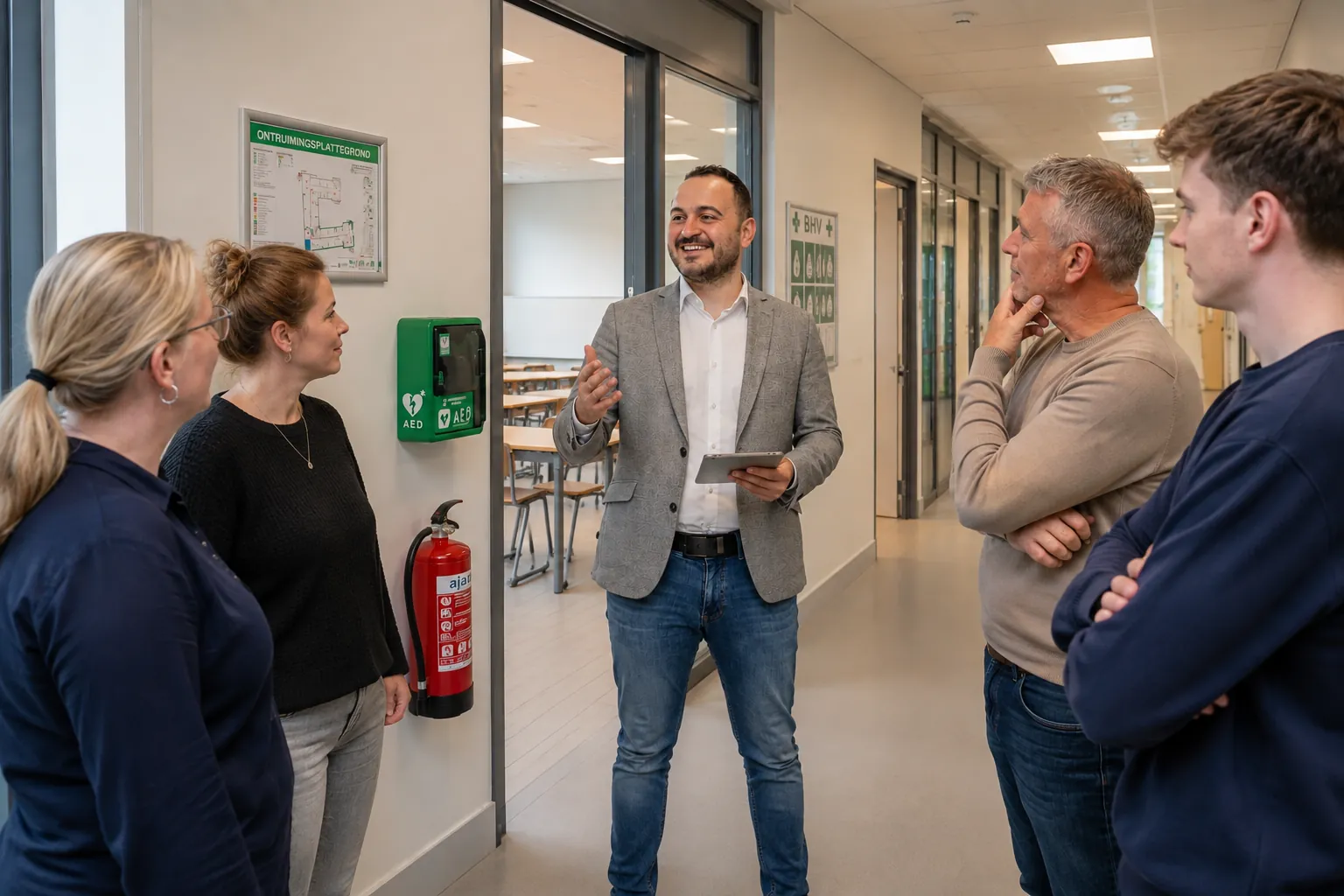 Veiligheidskundige bespreekt bevindingen met een medewerker van de school